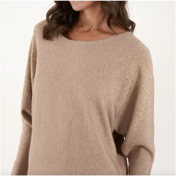 Anthropologie LIV Sweater M Medium Taupe Silver Stud Pullover Dolman Sleeve - Picture 1 of 16